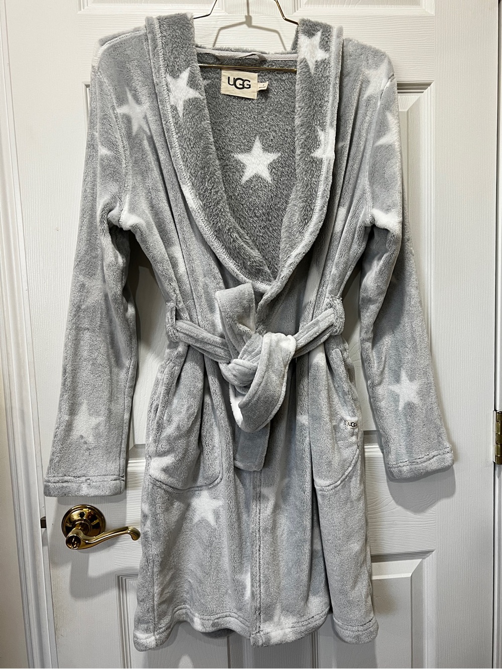 UGG Miranda Robe Grey/White Stars Hooded Cozy Fleece Plush Long Sleeve